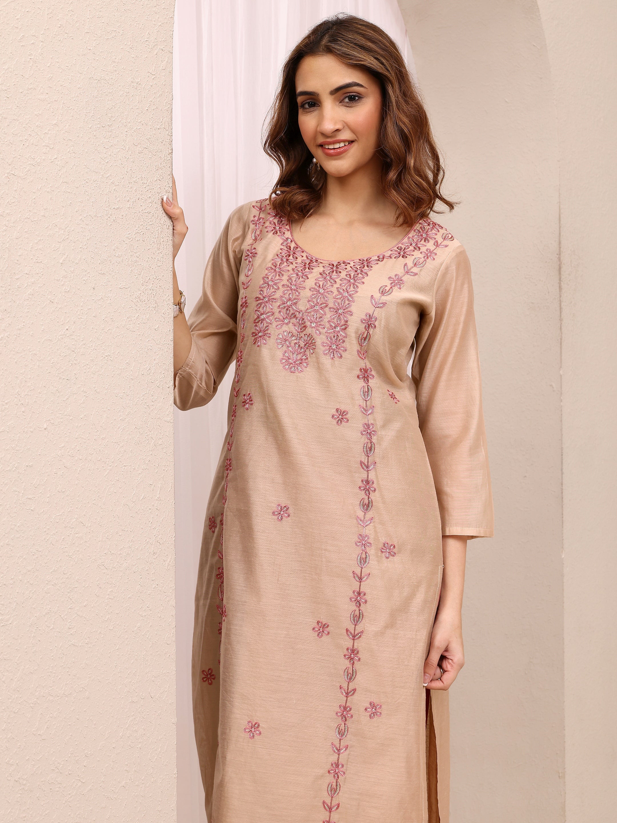 libas Beige Embroidered Chanderi Silk Straight Kurta-picture-26