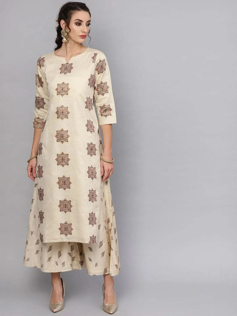 Libas Beige Embroidered Chanderi Silk Straight Kurta With Palazzos