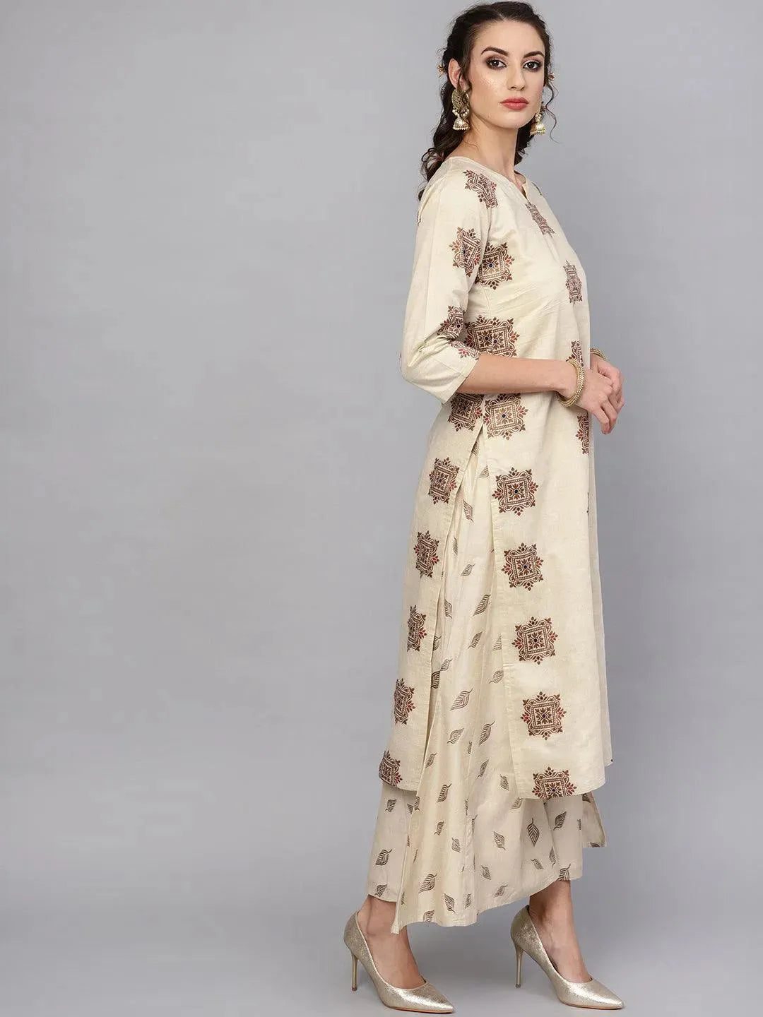 Beige Embroidered Chanderi Kurta Set - Libas 