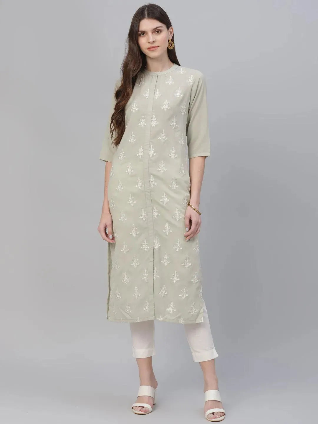 Beige Embroidered Cotton Kurta - Libas 