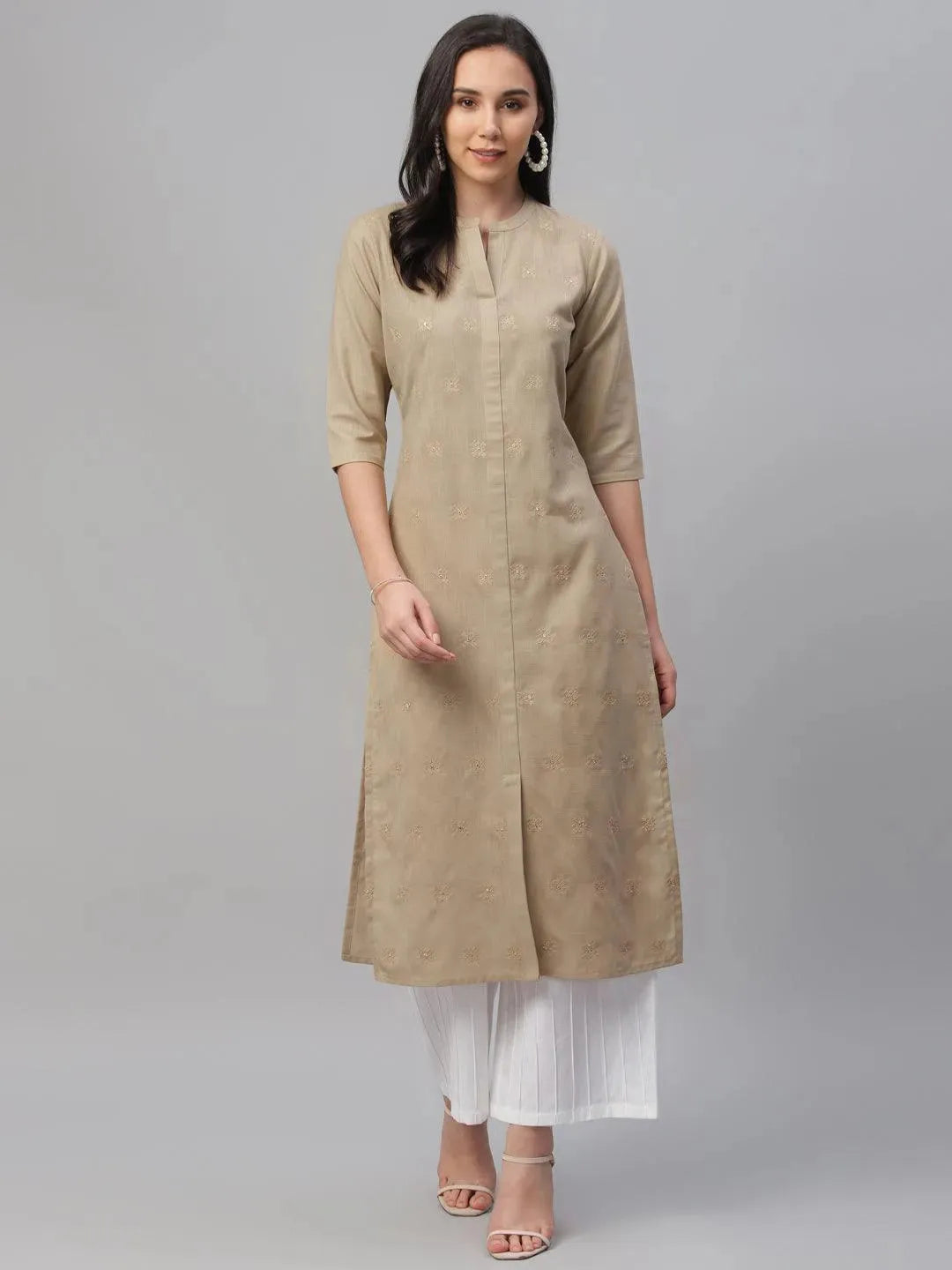 Beige Embroidered Cotton Kurta - Libas