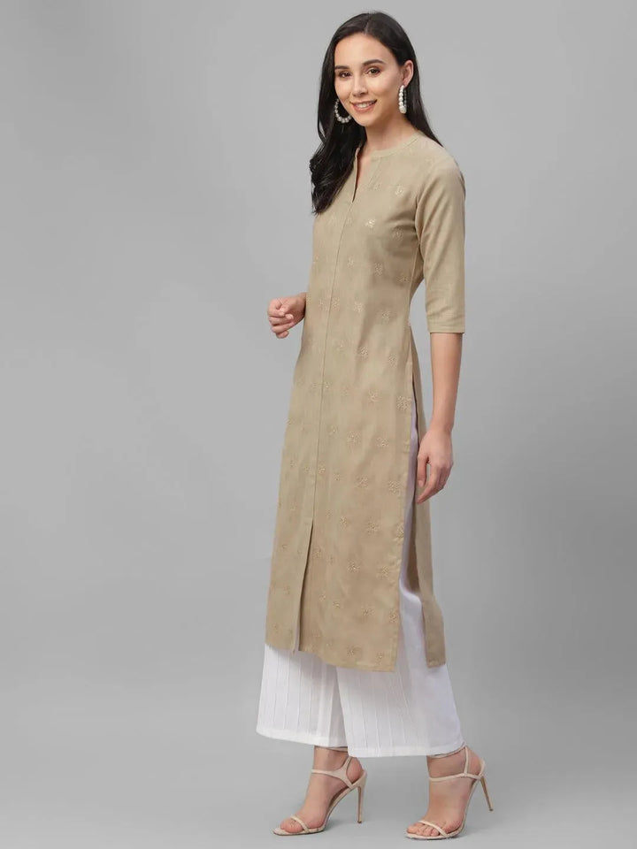 Beige Embroidered Cotton Kurta - Libas