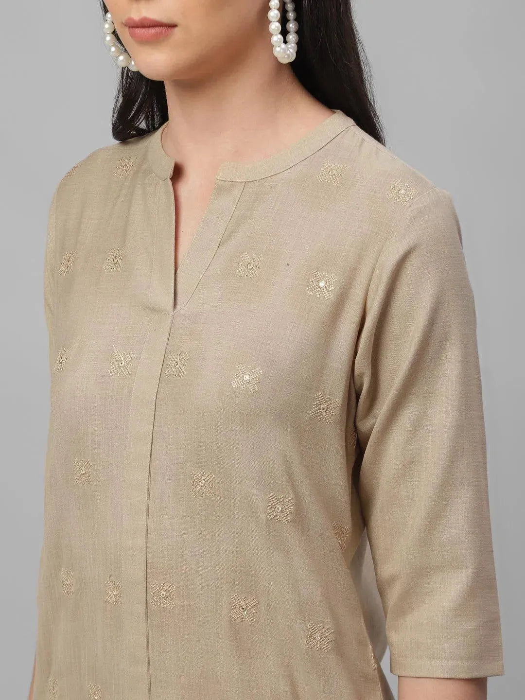Beige Embroidered Cotton Kurta - Libas 