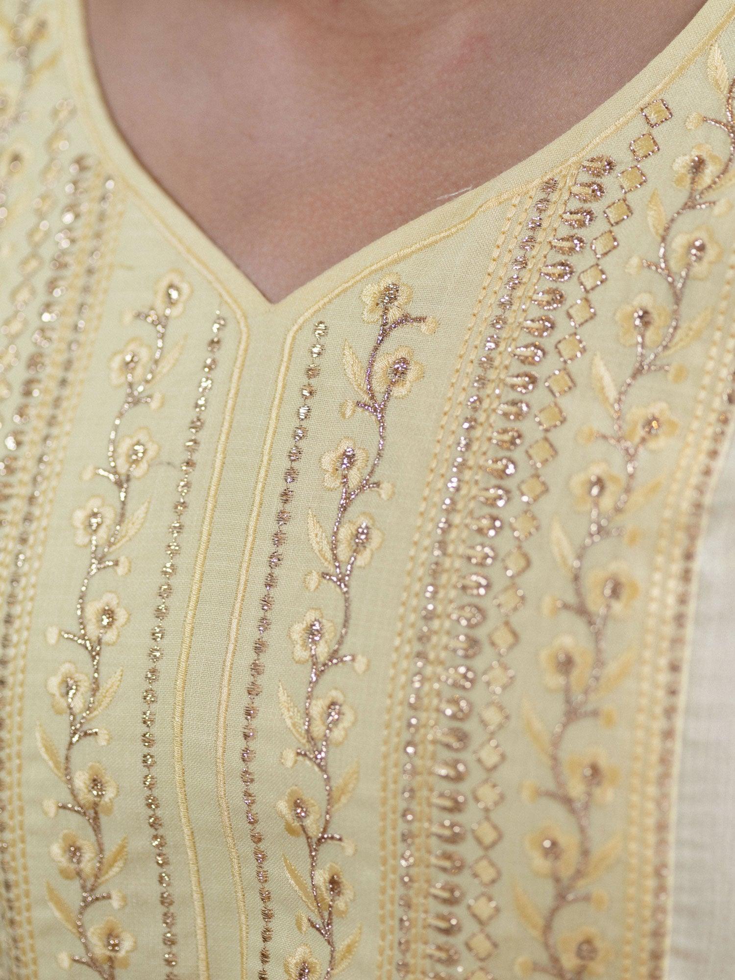 Beige Embroidered Cotton Kurta With Mask