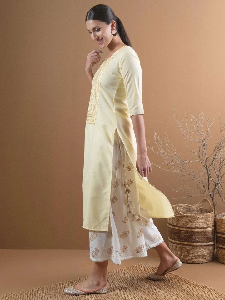 Beige Embroidered Cotton Kurta With Mask - Libas