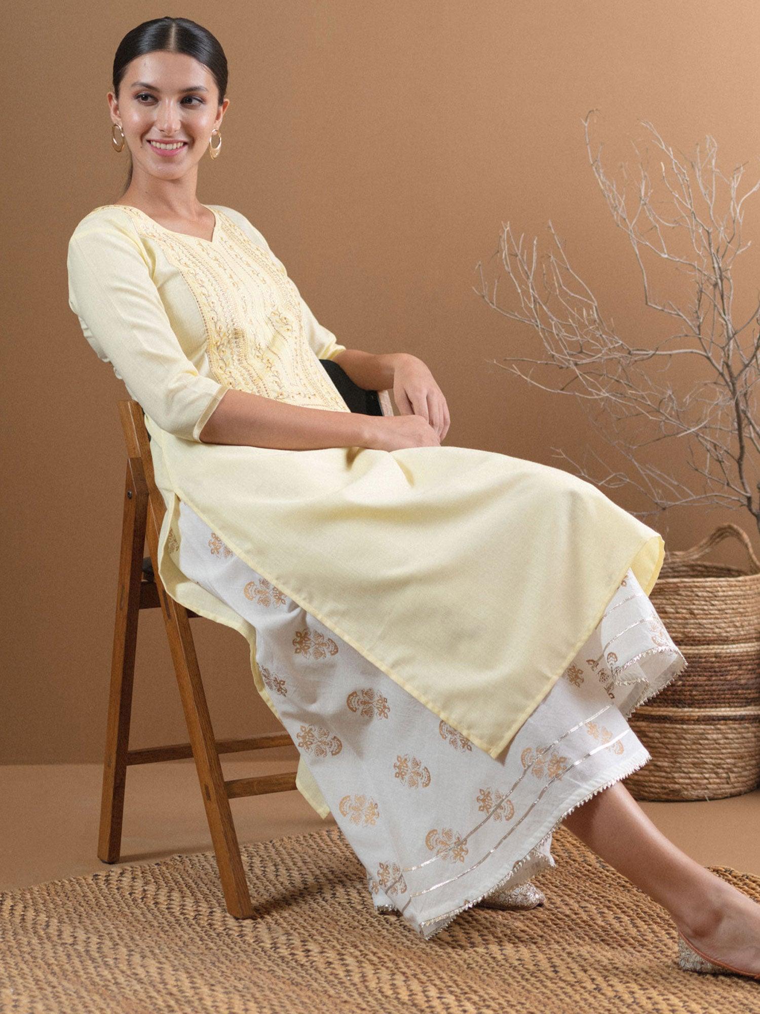 Beige Embroidered Cotton Kurta With Mask