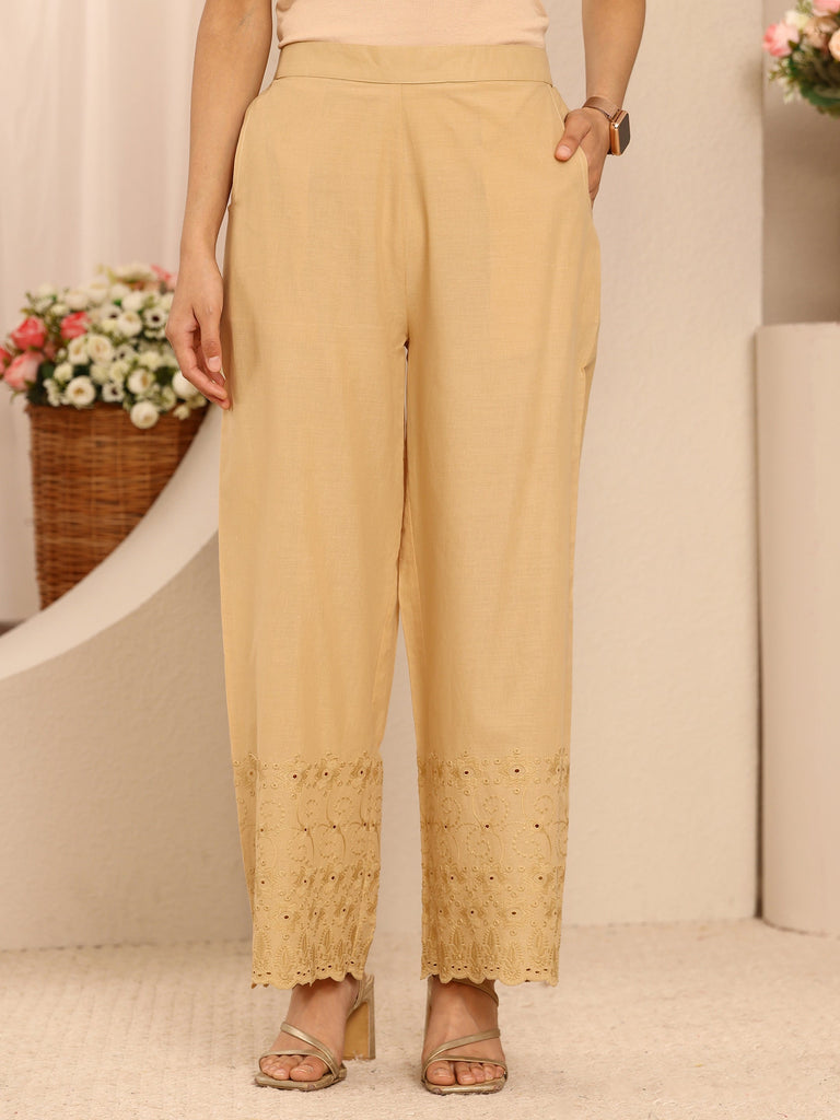 Libas Beige Embroidered Cotton Palazzos