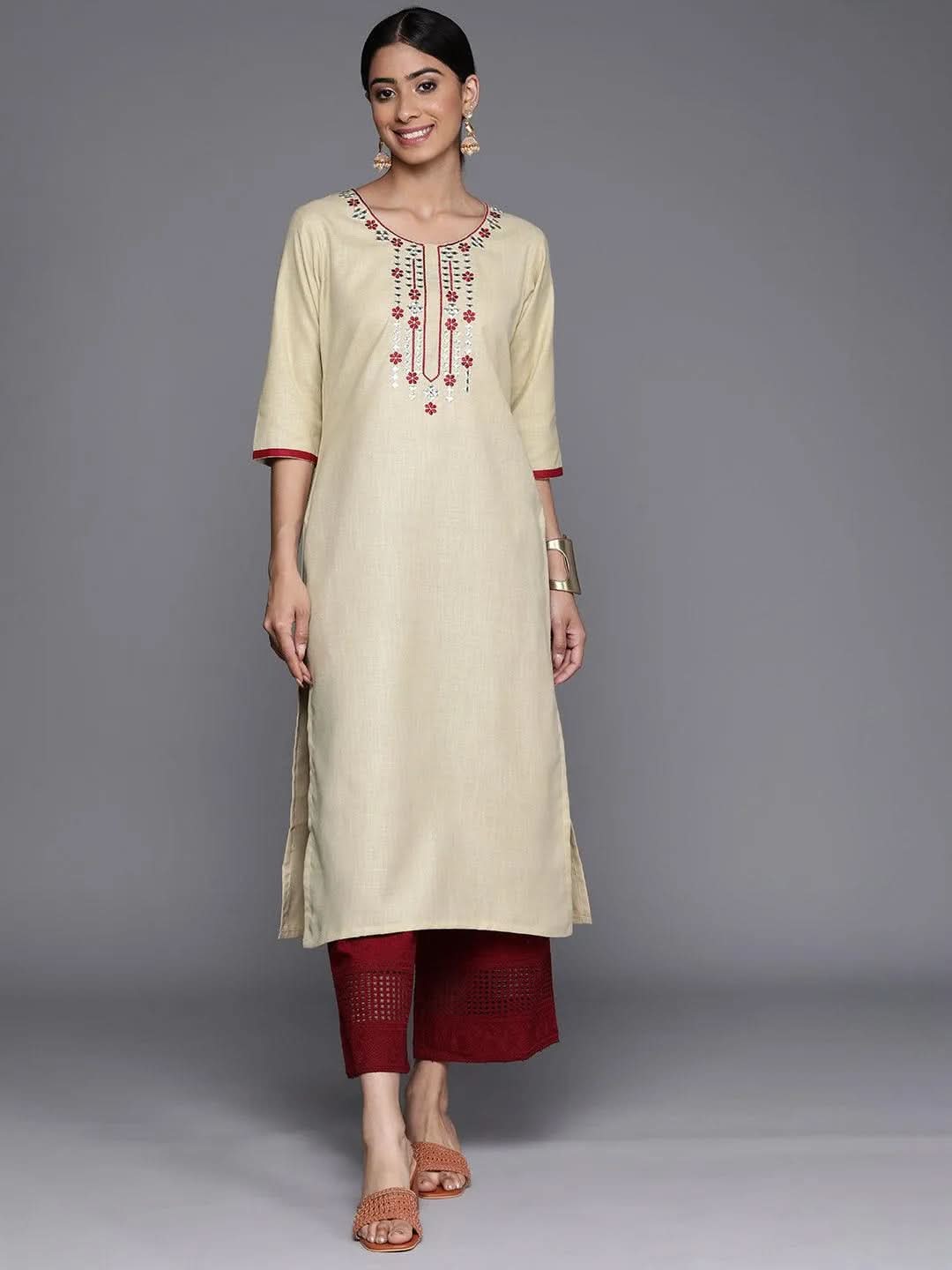 Beige Embroidered Cotton Straight Kurta - Libas