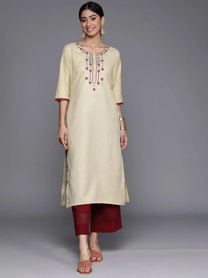 Beige Embroidered Cotton Straight Kurta - Libas