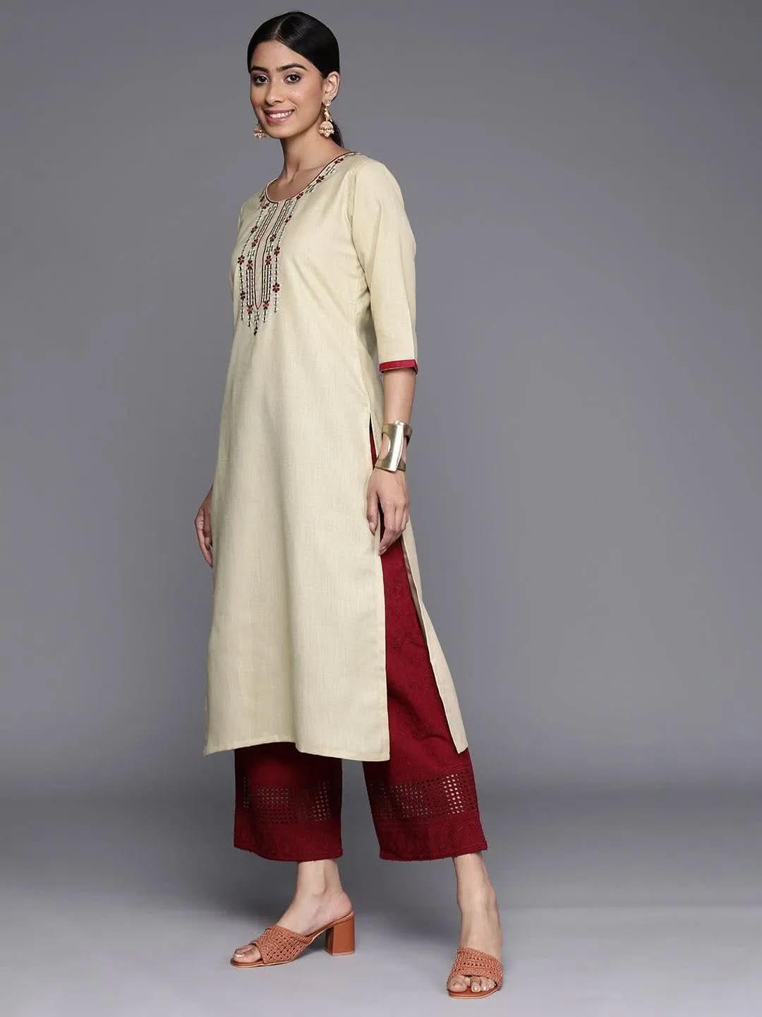 Beige Embroidered Cotton Straight Kurta - Libas 