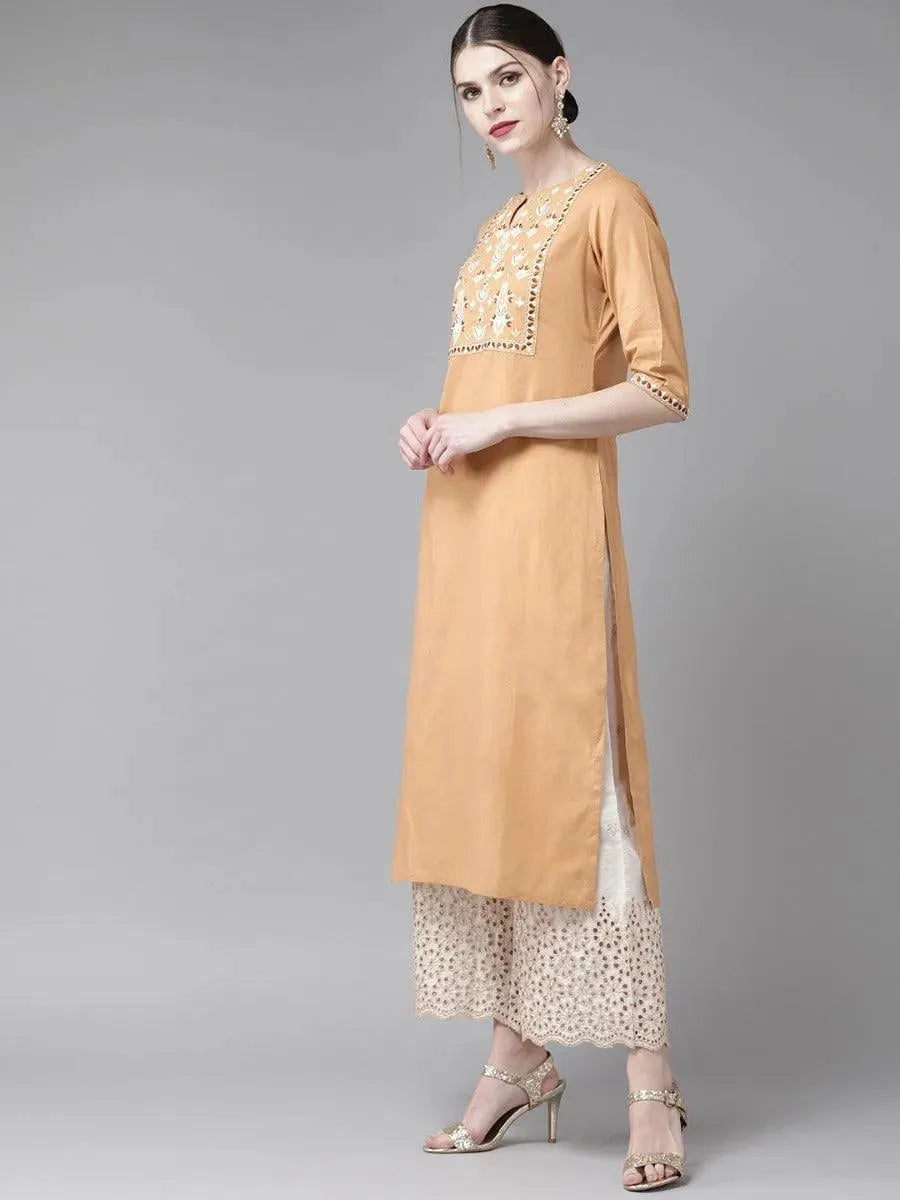 

Beige Embroidered Cotton Straight Kurta With Palazzos