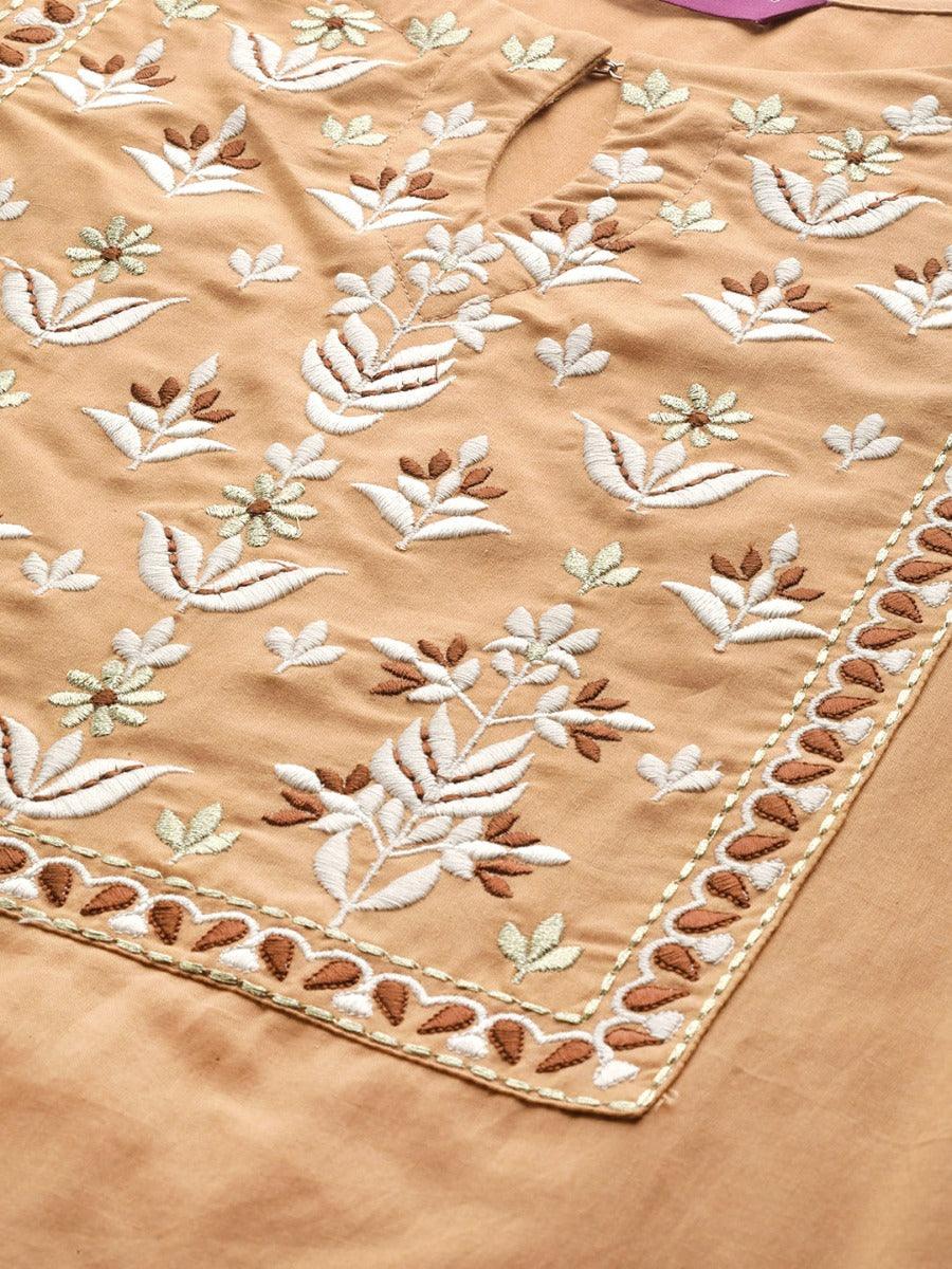 Beige Embroidered Cotton Kurta Set - Libas