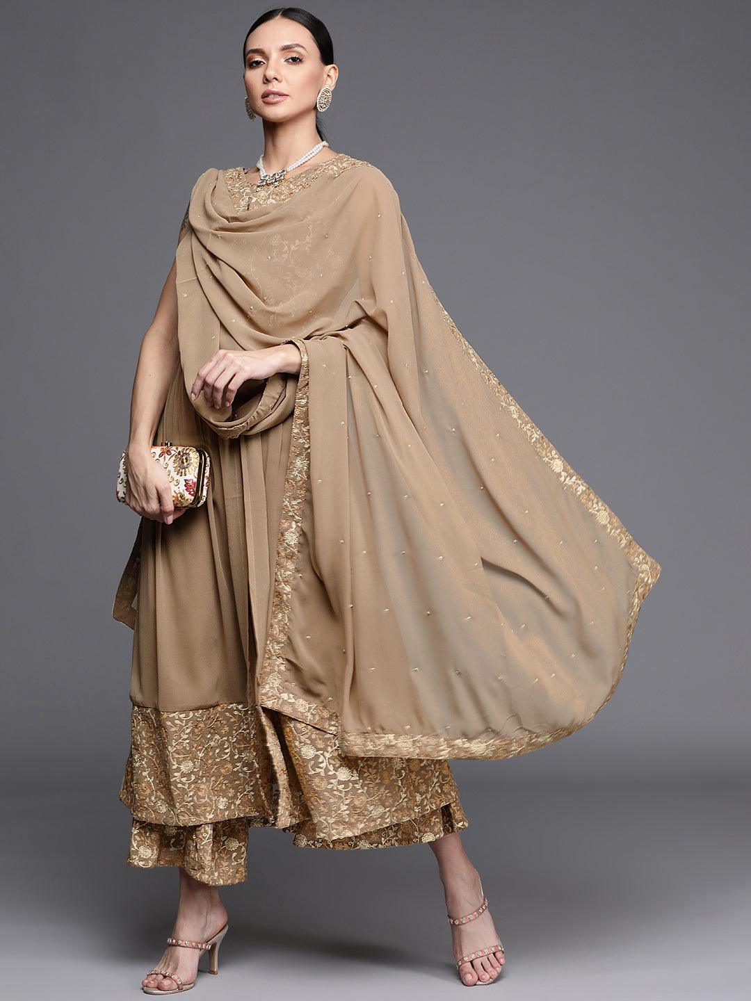 Beige Embroidered Georgette A-Line Kurta With Palazzos & Dupatta