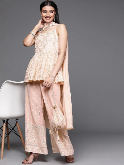 Beige Embroidered Georgette Suit Set - Libas