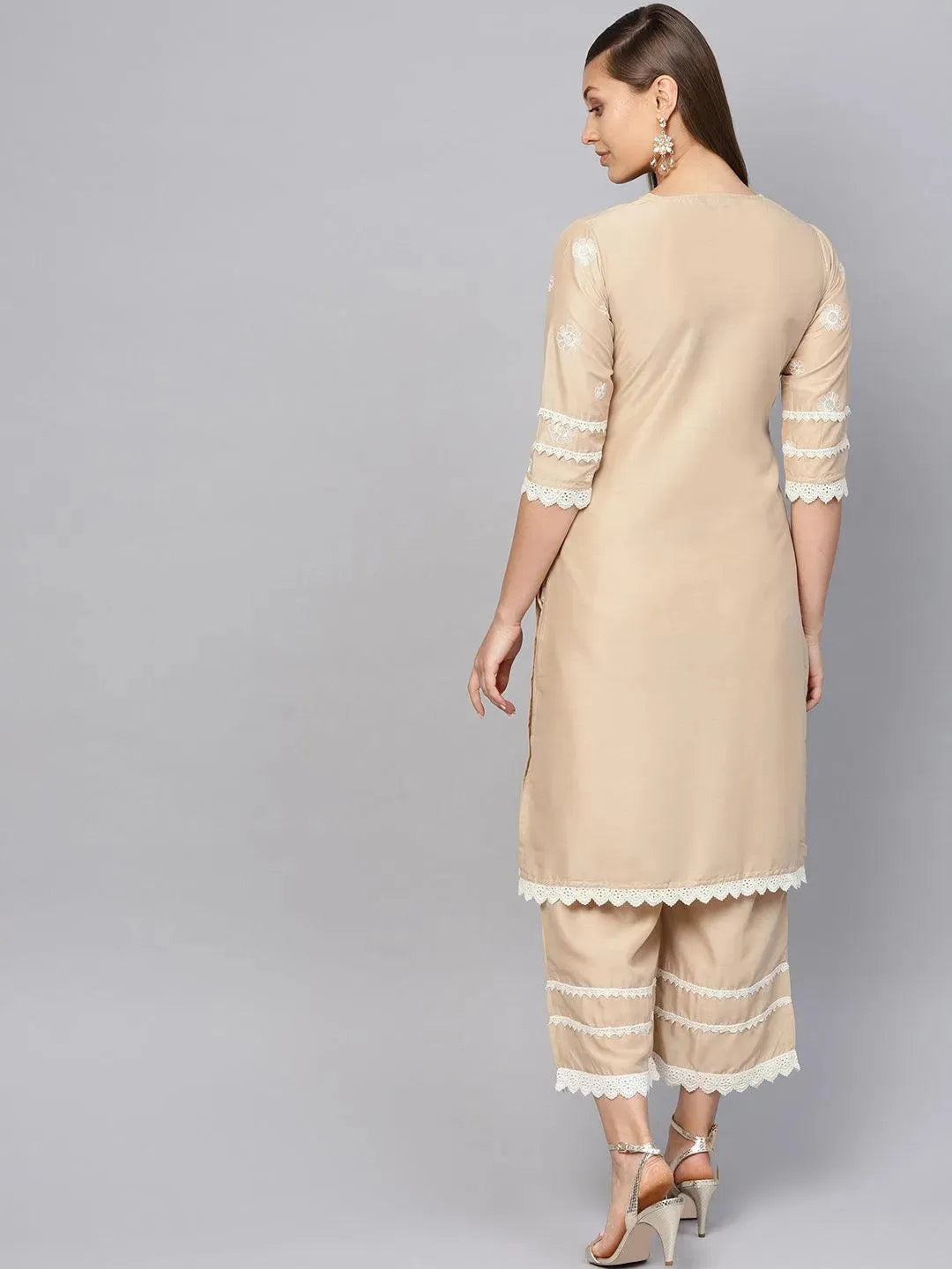 Beige Embroidered Muslin Kurta Set - Libas 