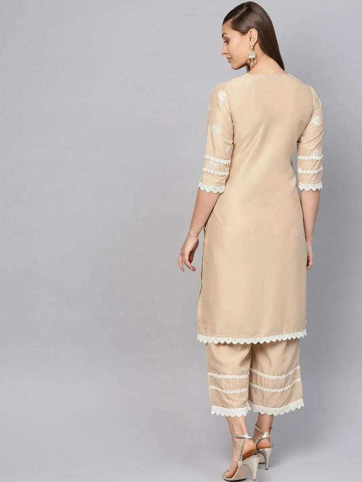 Beige Embroidered Muslin Kurta Set - Libas