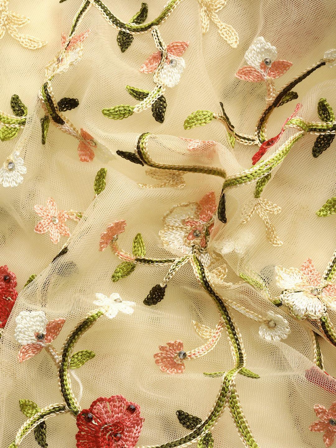 Beige Embroidered Net Saree - Libas