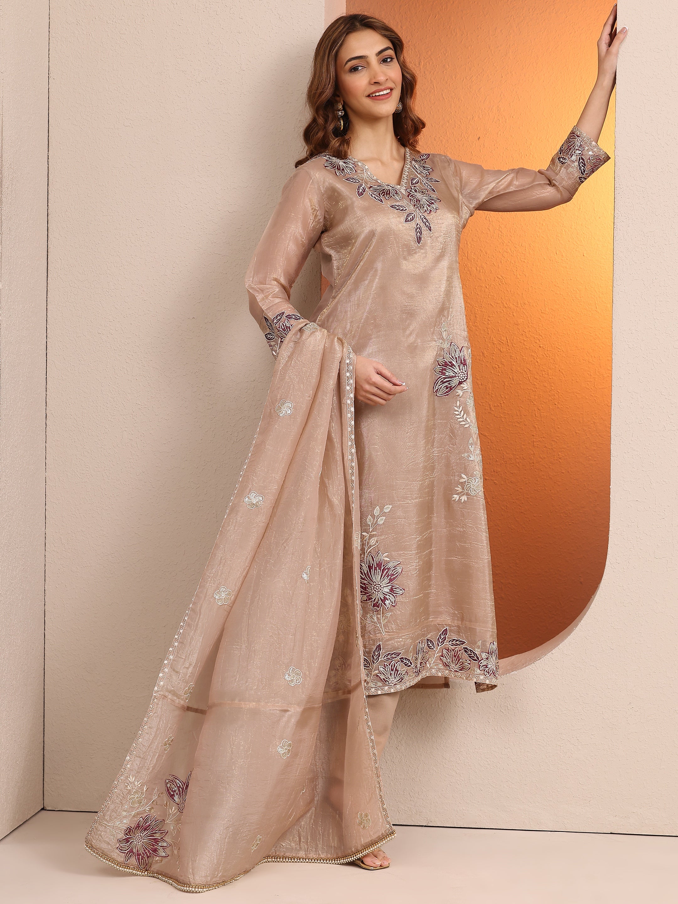 Beige Embroidered Organza Straight Suit Set With Dupatta-image-49