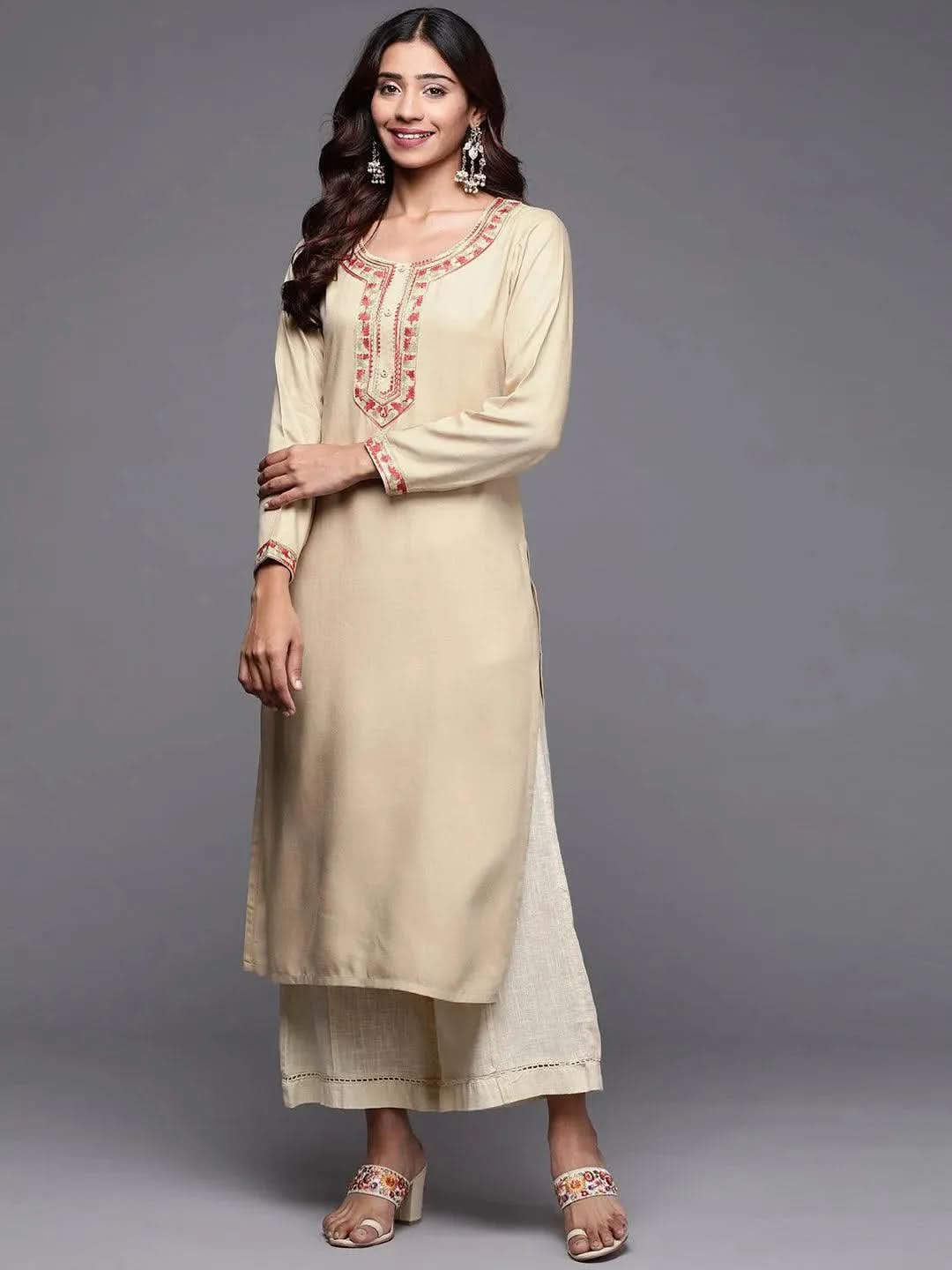 

Beige Embroidered Pashmina Wool Straight Kurta