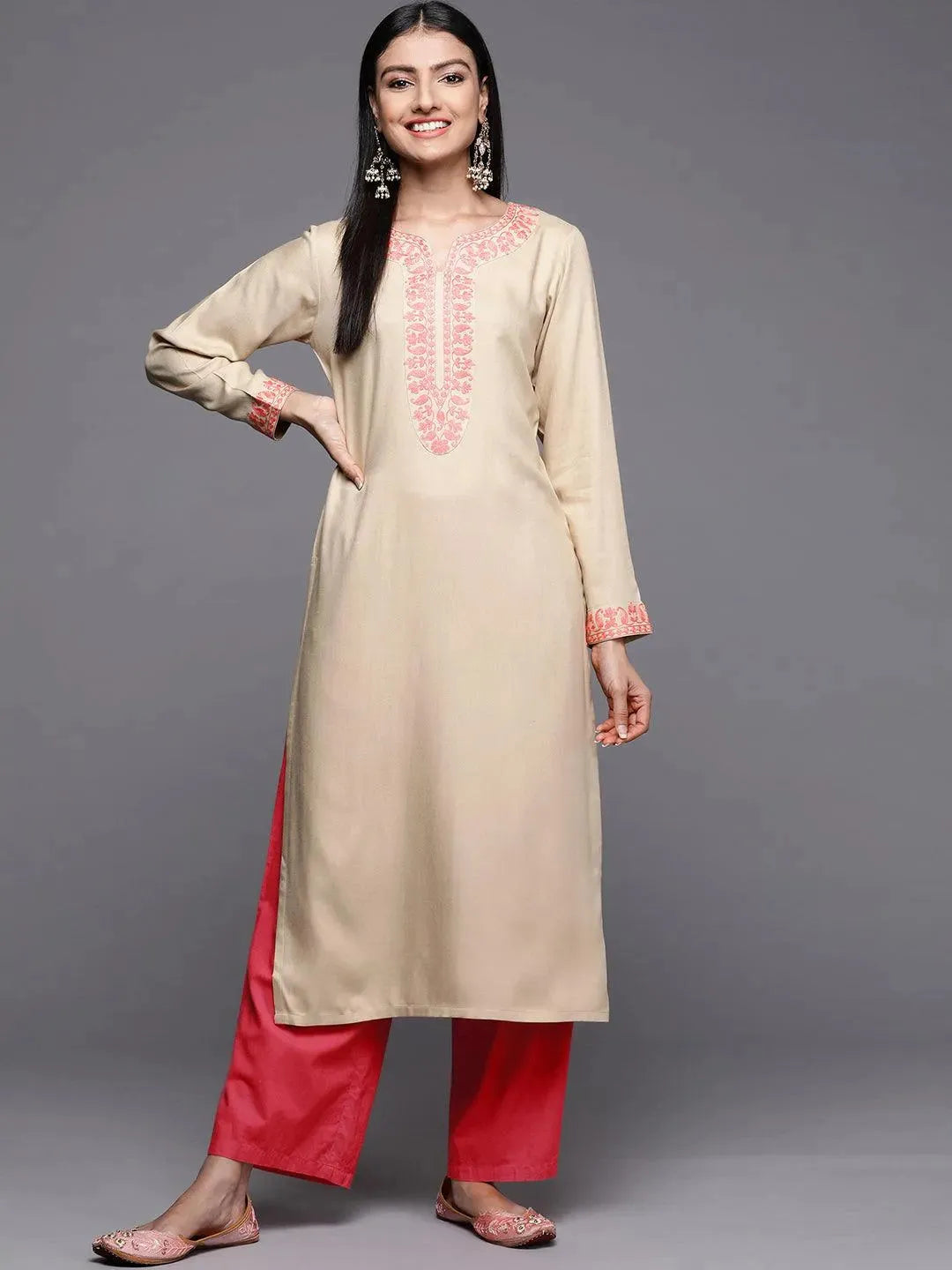 Beige Embroidered Pashmina Wool Straight Kurta - Libas 
