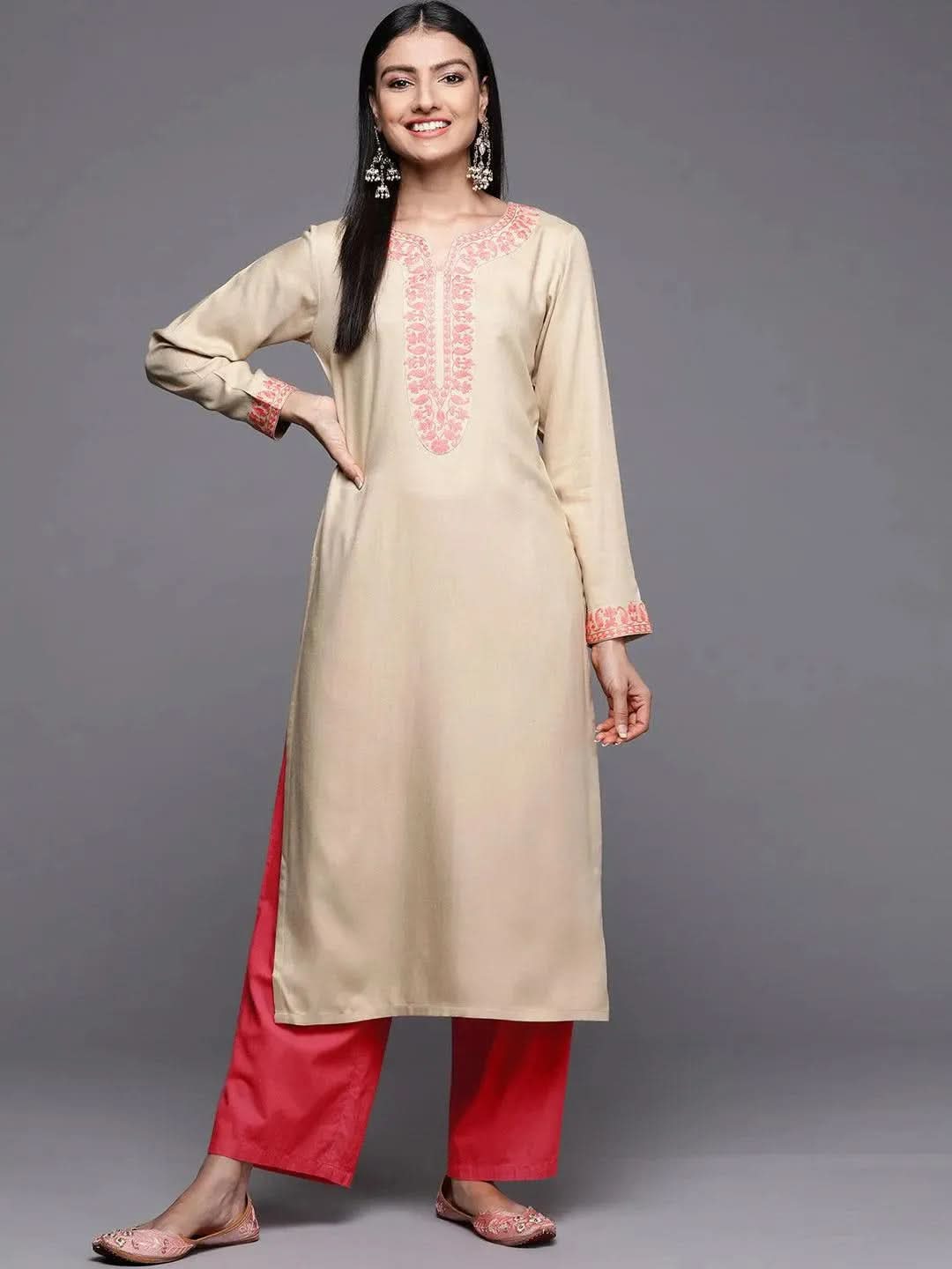 

Beige Embroidered Pashmina Wool Straight Kurta