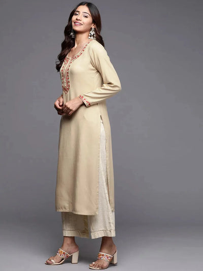 Beige Embroidered Pashmina Wool Straight Kurta - Libas