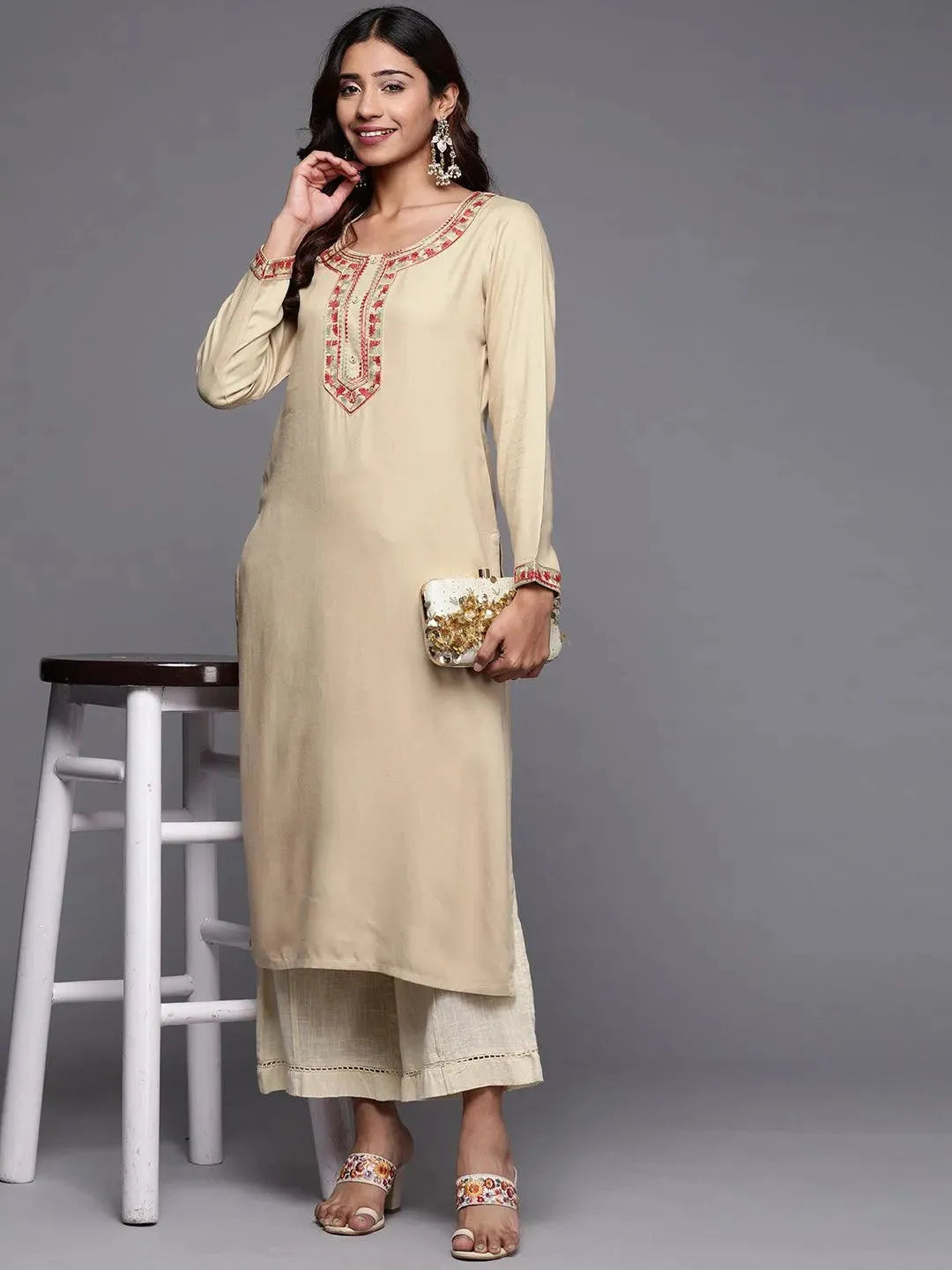 Beige Embroidered Pashmina Wool Straight Kurta - Libas