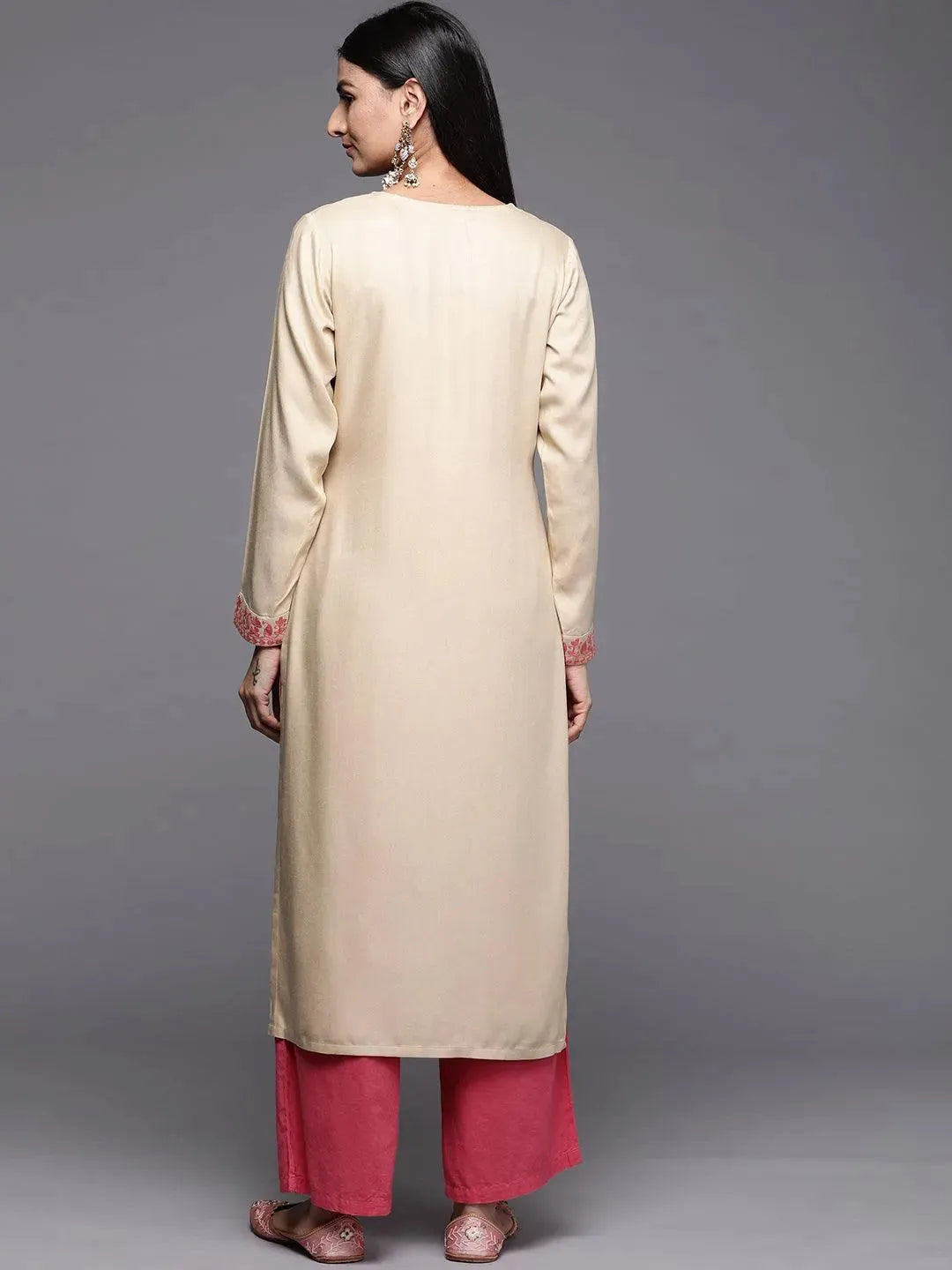 Beige Embroidered Pashmina Wool Straight Kurta - Libas 