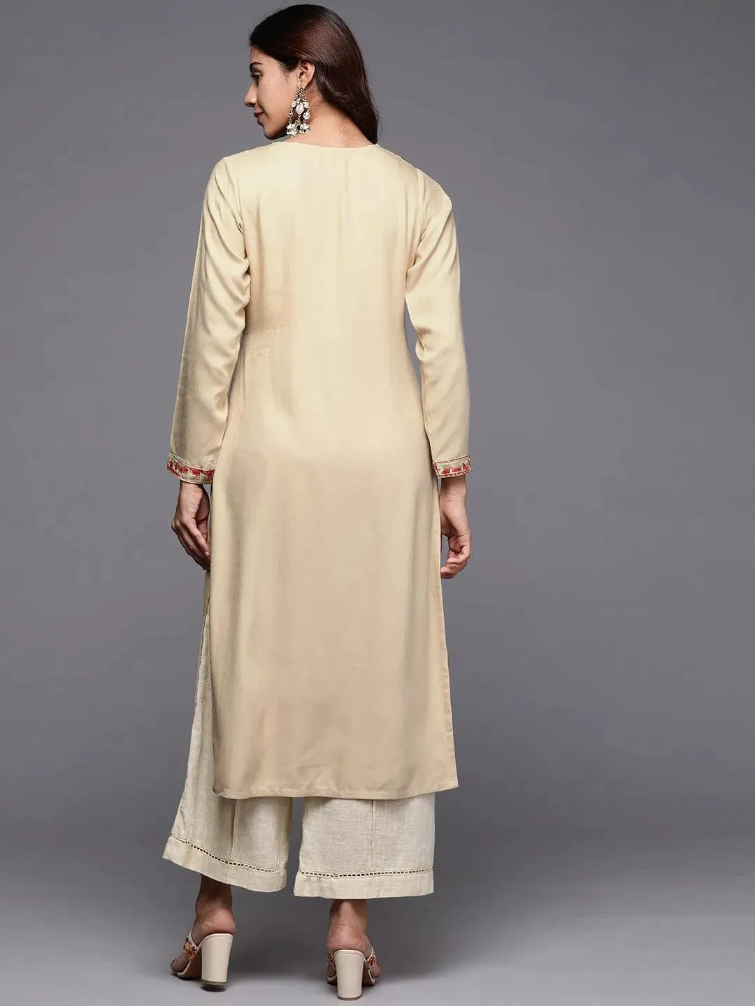 Beige Embroidered Pashmina Wool Straight Kurta - Libas