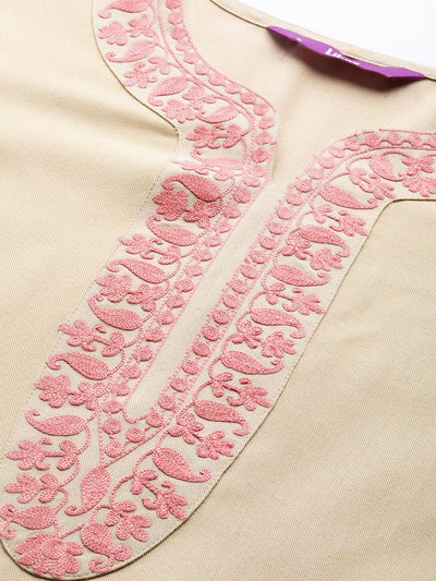Beige Embroidered Pashmina Wool Straight Kurta - Libas