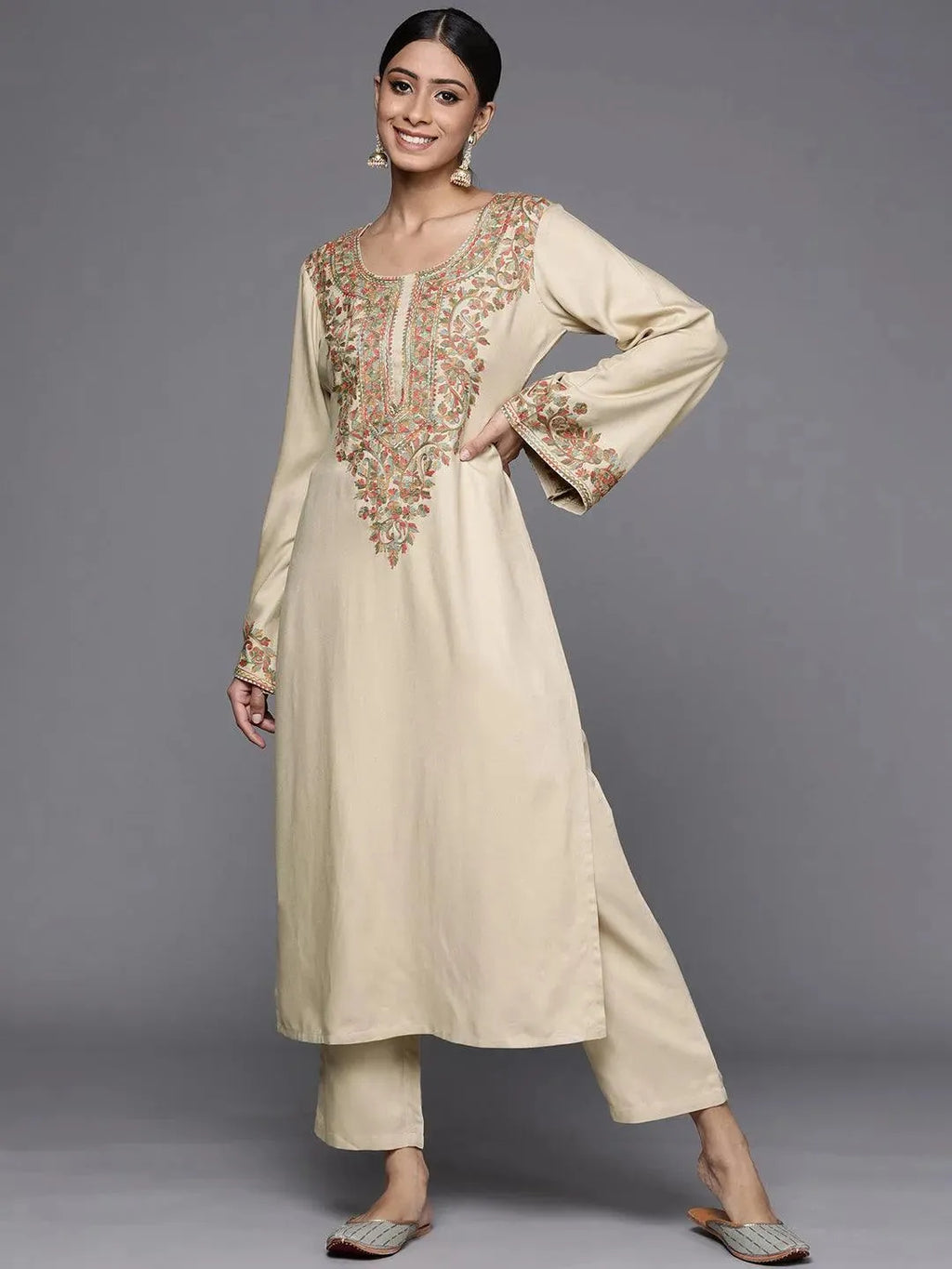 beige embroidered rayon kurta libas 1