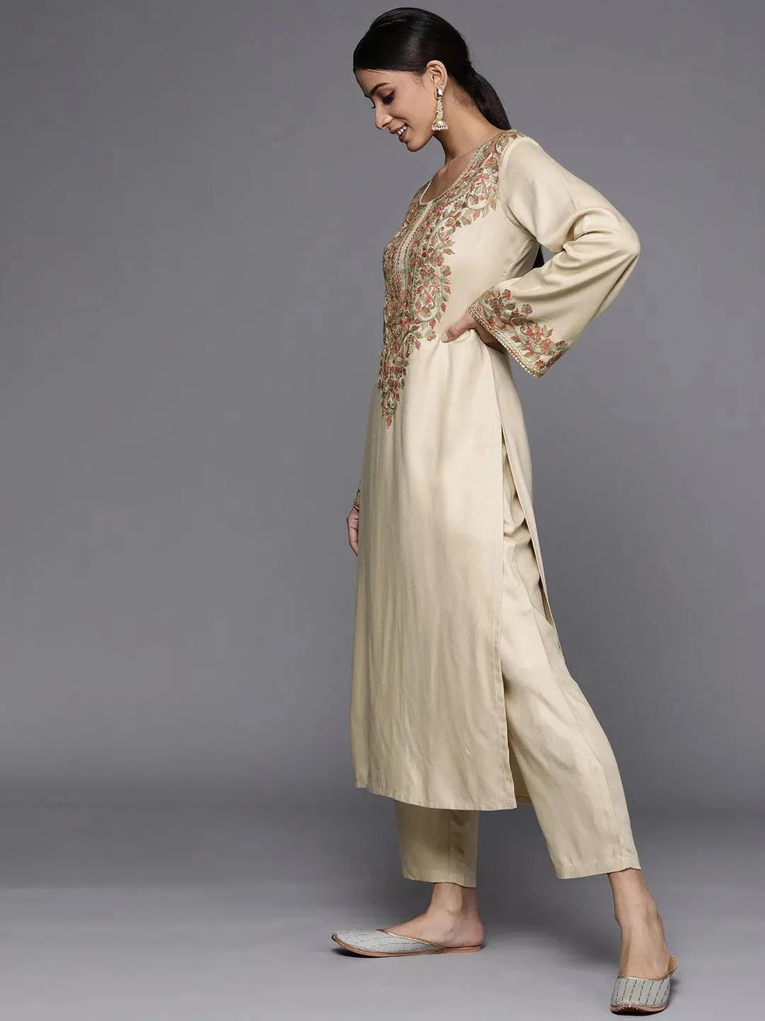 Beige Embroidered Rayon Kurta - Libas 