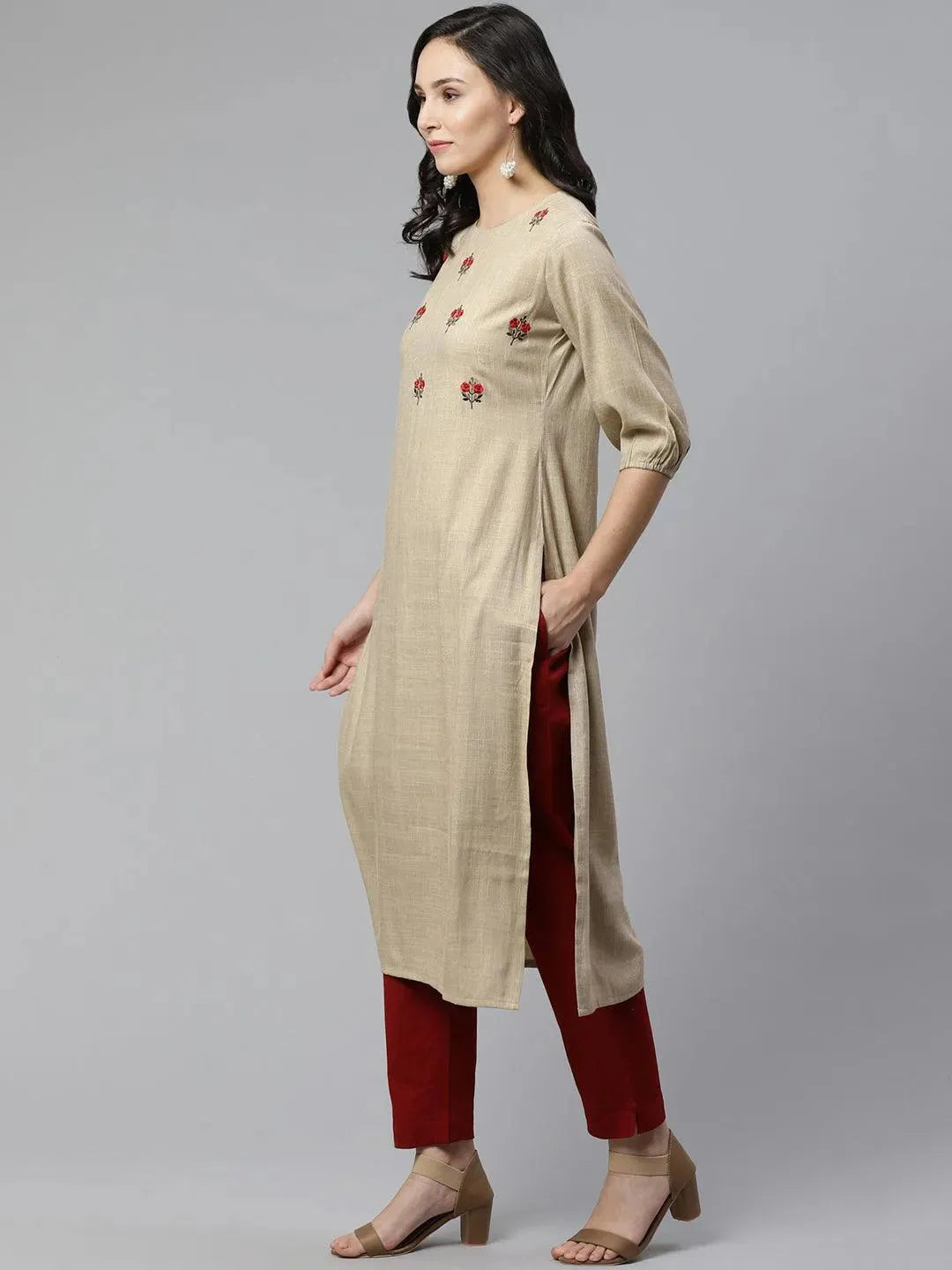 

Beige Embroidered Rayon Kurta