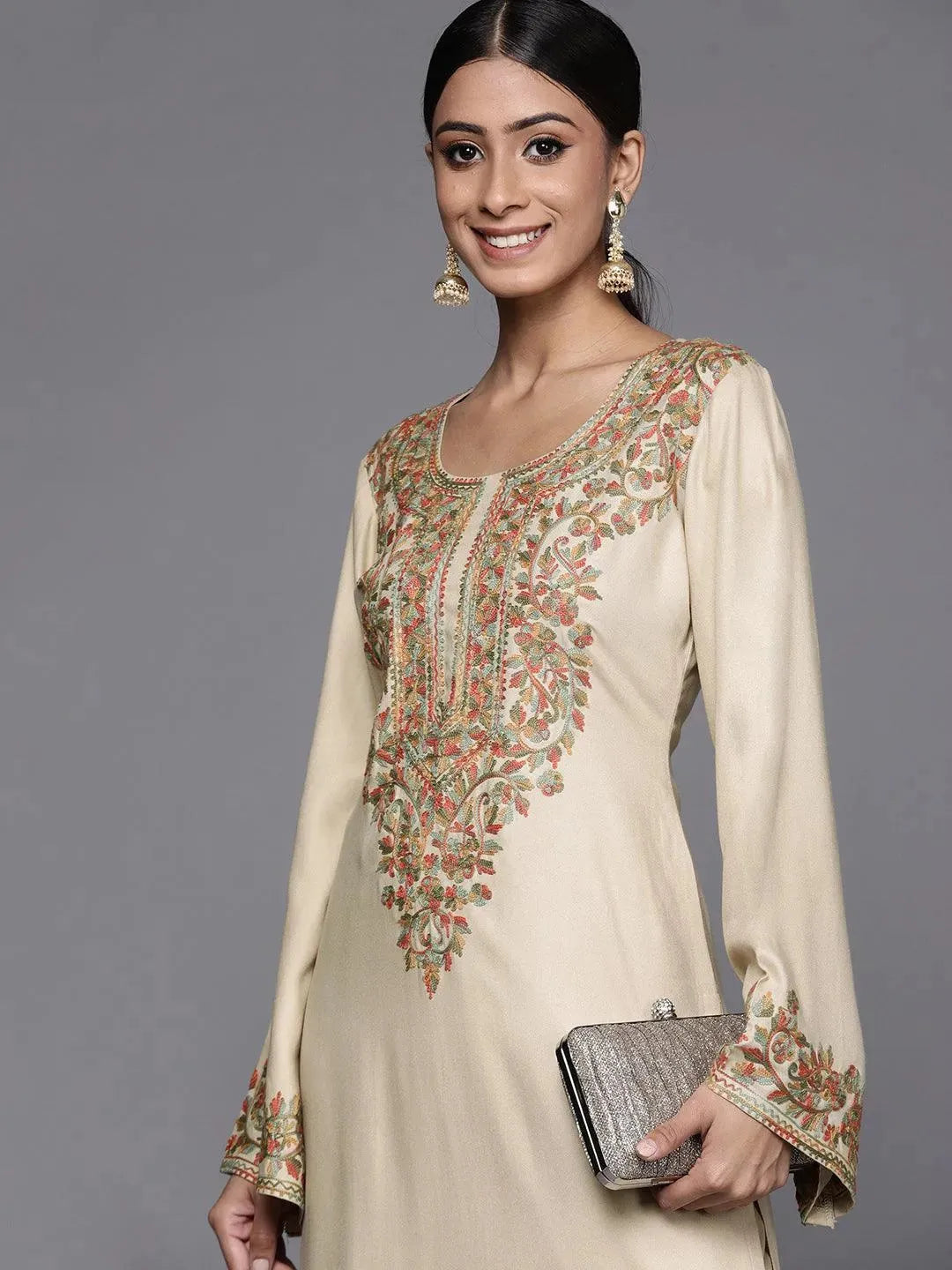 Beige Embroidered Rayon Kurta - Libas