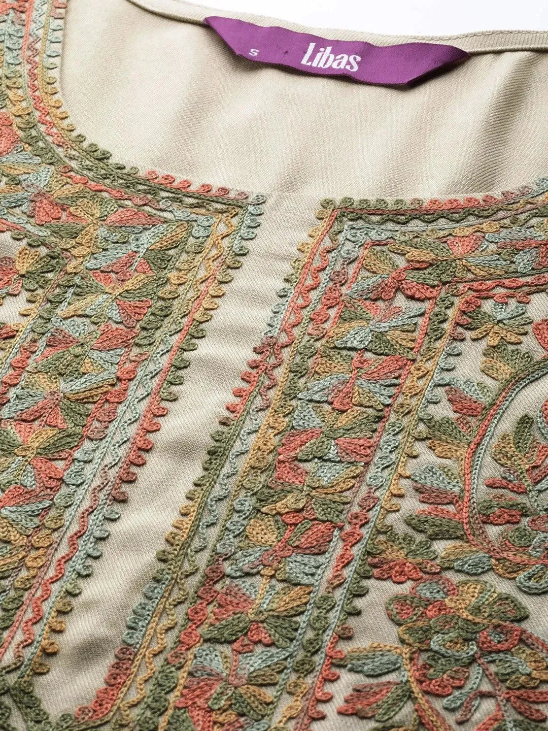 Beige Embroidered Rayon Kurta - Libas 