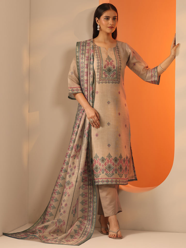 Libas Beige Embroidered Silk Blend Straight Suit Set With Dupatta