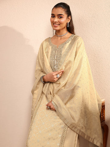 Beige Embroidered Silk Blend Straight Suit Set With Dupatta