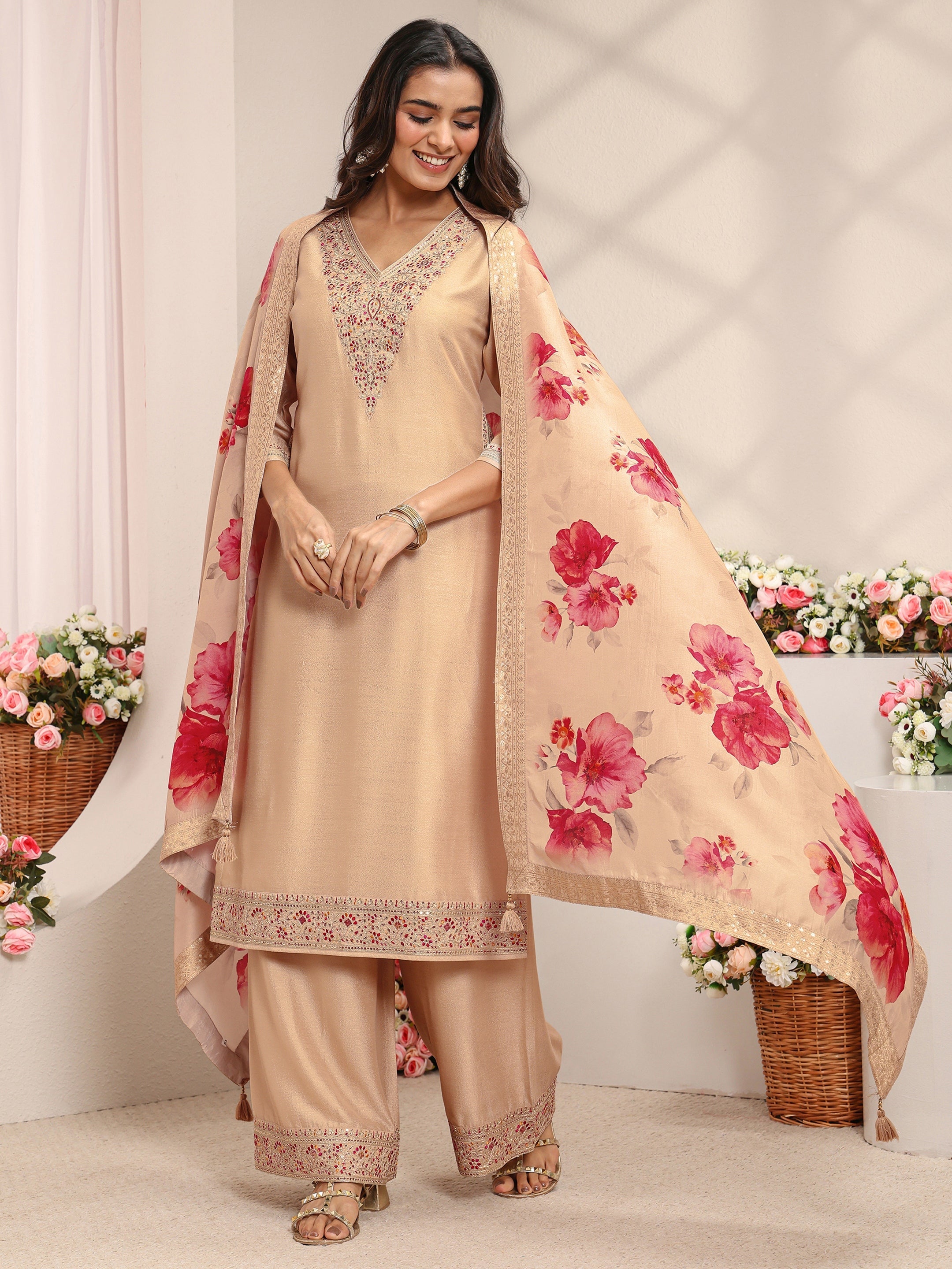 Beige Embroidered Silk Blend Straight Suit Set With Printed Dupatta-image-23