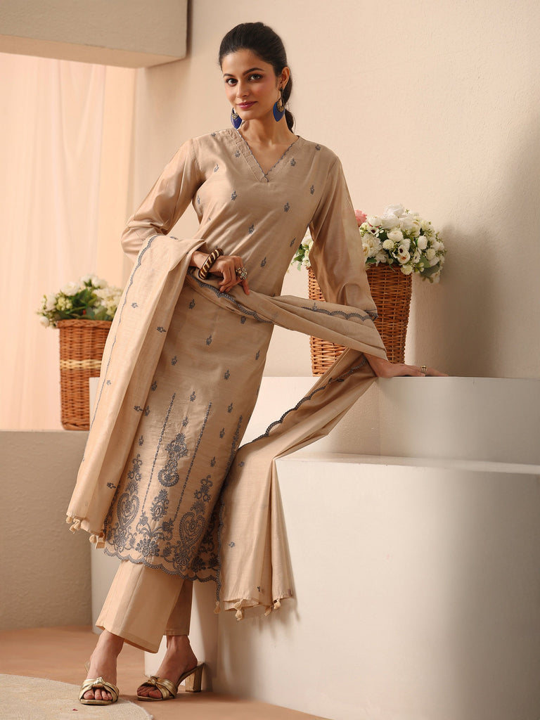 Libas Beige Ethnic Embroidered Chanderi Silk Straight Suit Set