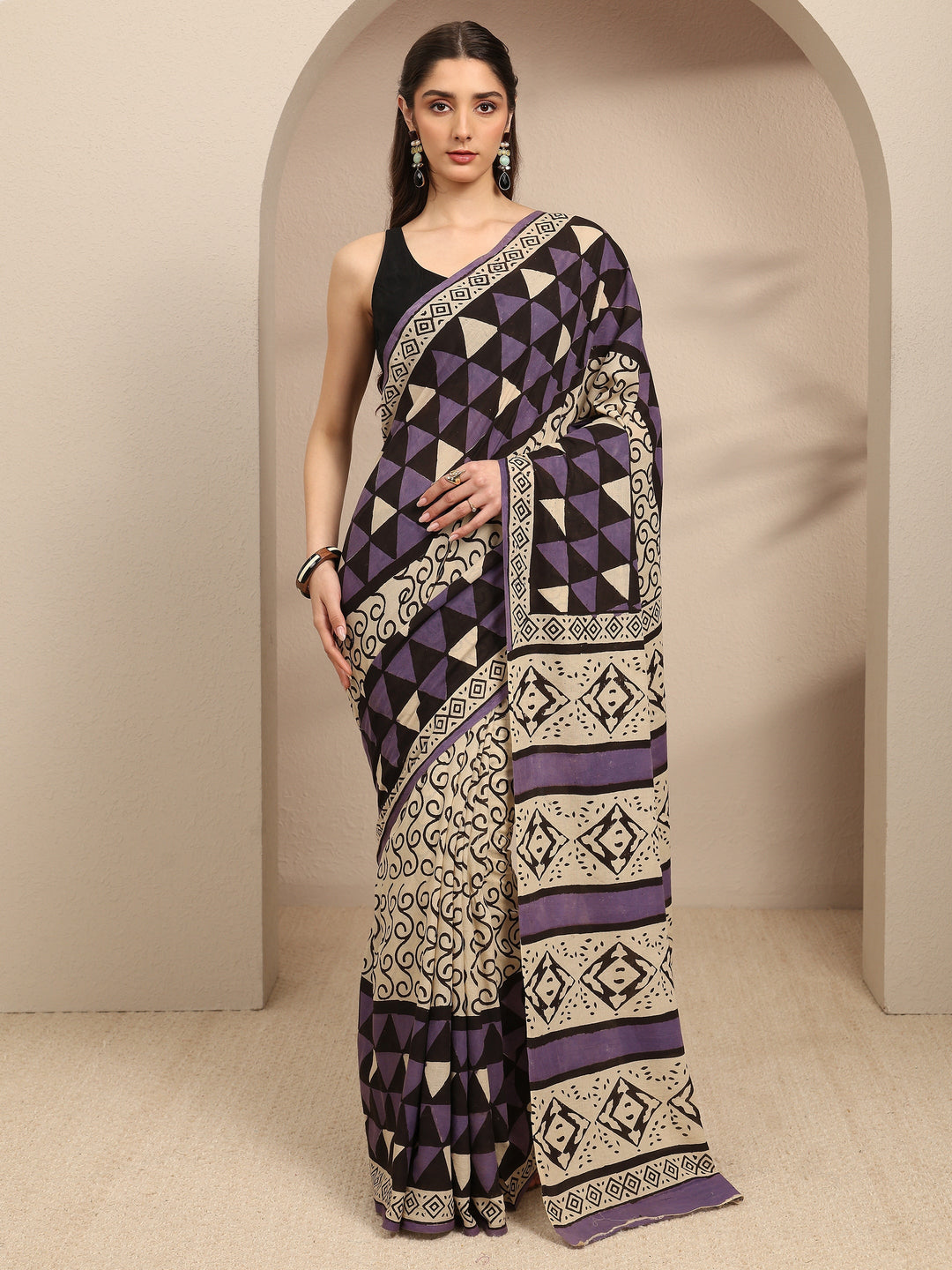  Beige Ethnic Motifs Printed Cotton Blend Saree With Unstitched Blouse Piece 