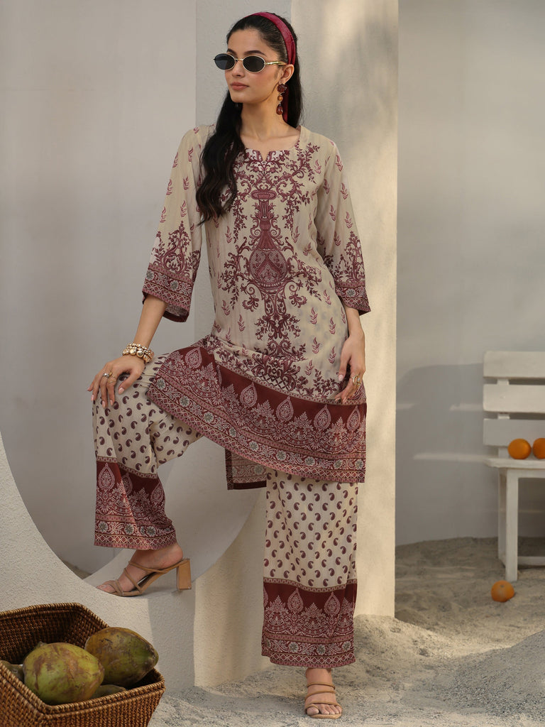 Libas Beige Ethnic Printed Cotton Blend Co-Ord Set