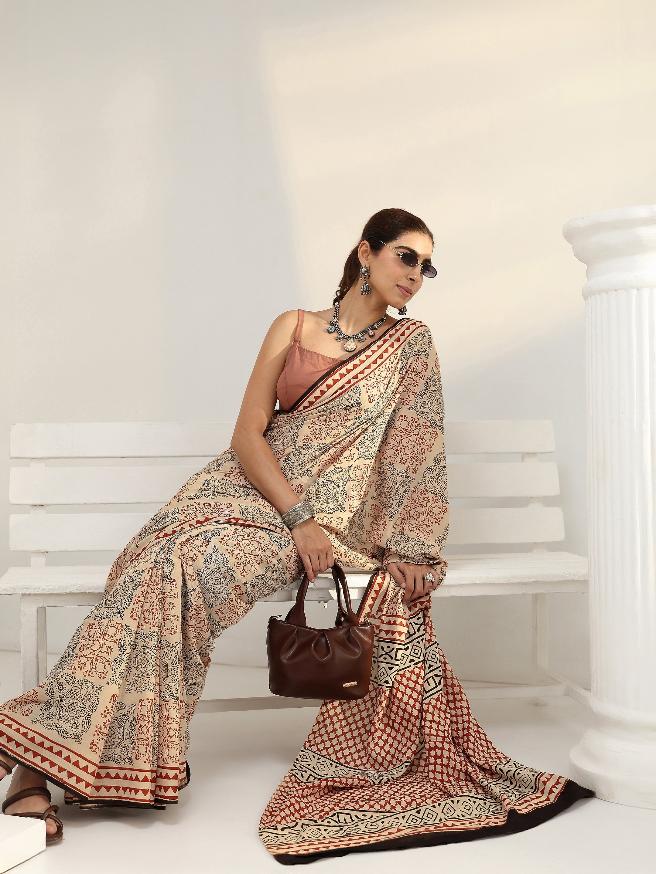 libas Beige Ethnic Bagru Print Cotton Saree-picture-60