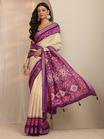 Beige Ethnic Printed Silk Blend Saree 
With Unstitched Blouse Piece