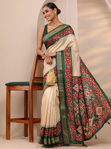 Beige Ethnic Printed Silk Blend Saree 
With Unstitched Blouse Piece