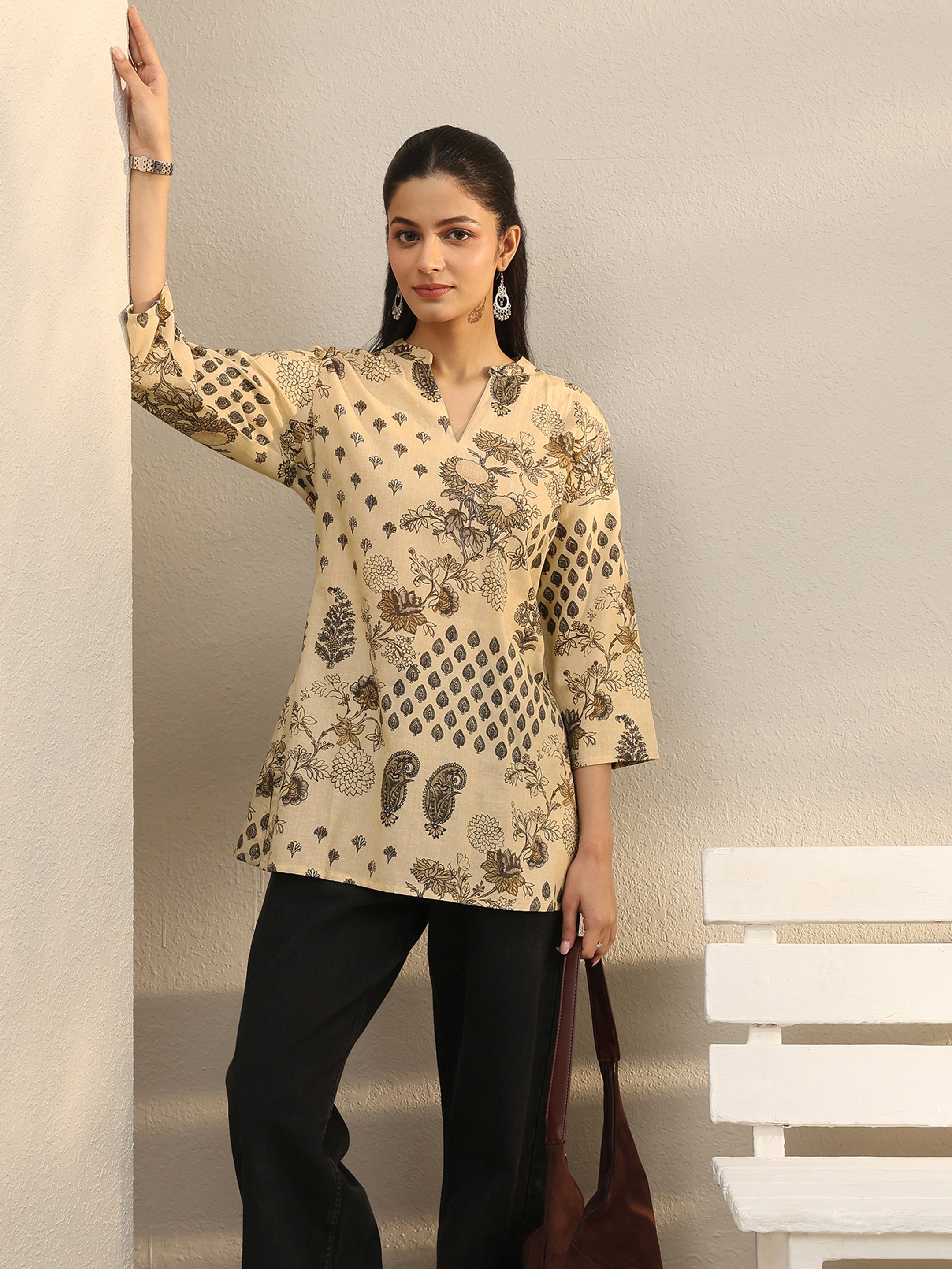 libas Beige Ethnic Printed Silk Blend Straight Short Kurti-picture-35