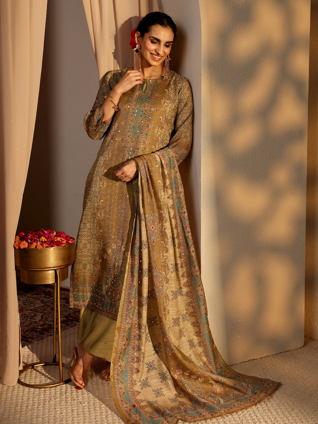  Beige Ethnic Printed Silk Blend Straight Suit Set With Dupatta 