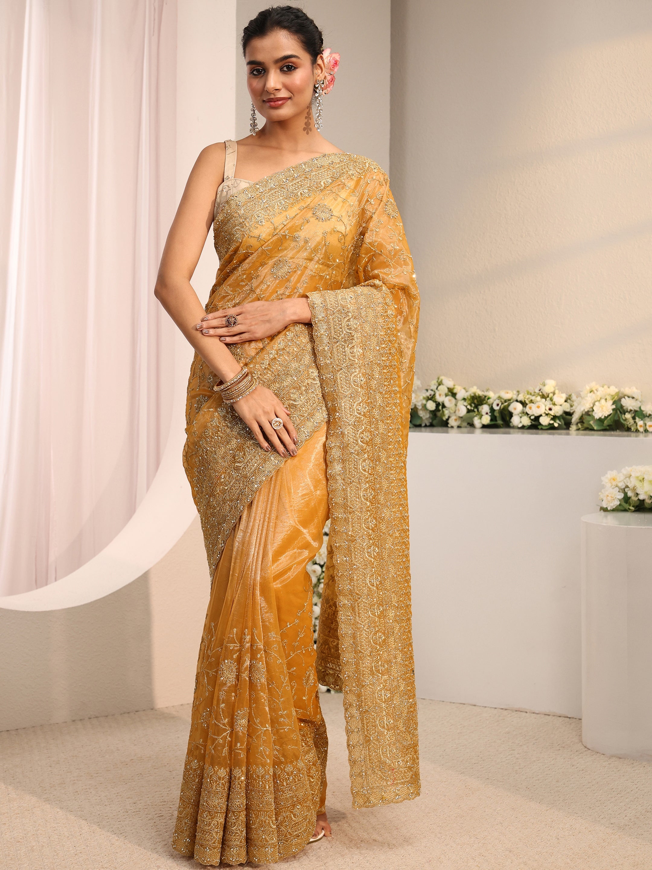 libas Beige Floral Embellished Net Saree With Unstitched Blouse Piece-picture-32