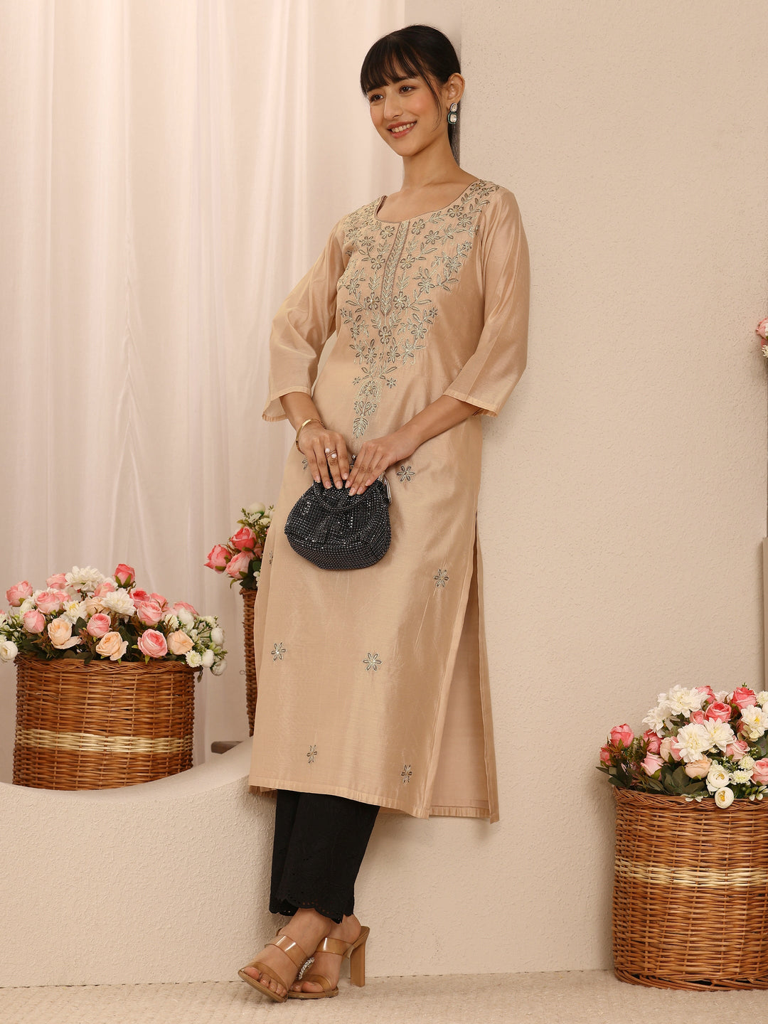  Beige Floral Embroidered Chanderi Silk Straight Kurta 