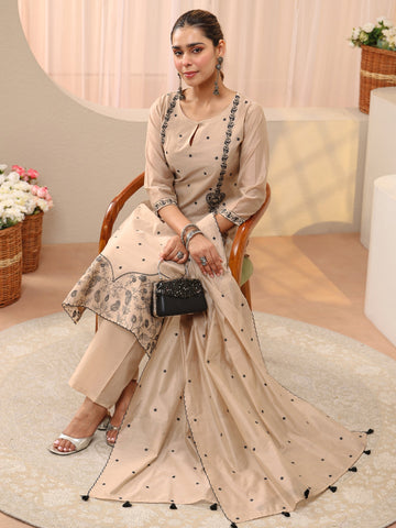 Libas Beige Floral Embroidered Chanderi Silk Straight Suit Set