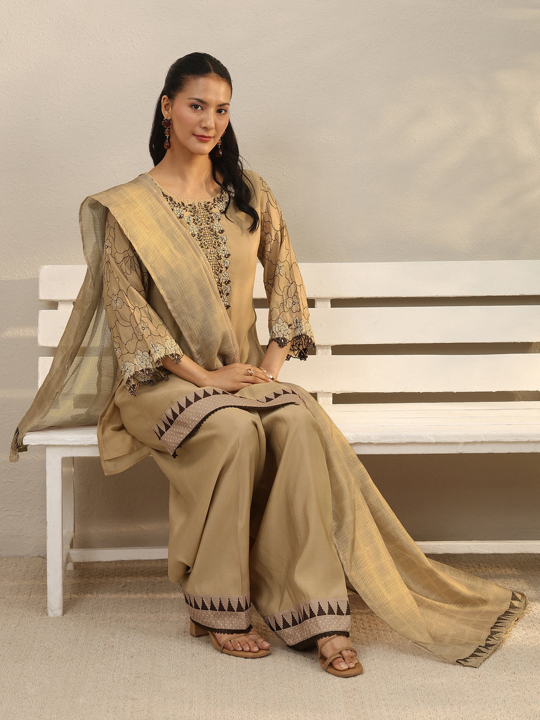  Beige Floral Embroidered Chanderi Silk Straight Suit Set 